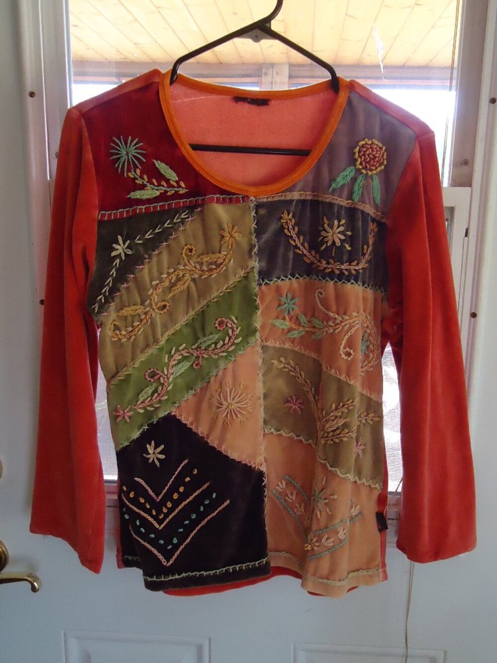 Vintage Boho cotton velvet patchwork long-sleeved t-shirt Size M